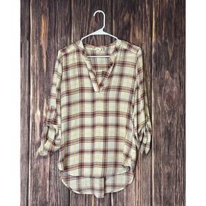 Penelope Top Womens Medium Plaid Roll Tab Sleeve V Neck Boho Workwear
